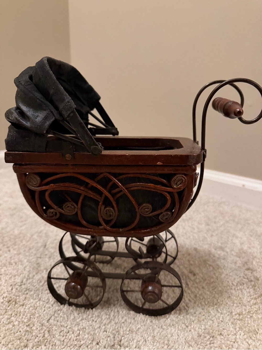 Decorative Vintage-Style Brown & Black Metal Baby Carriage Accent